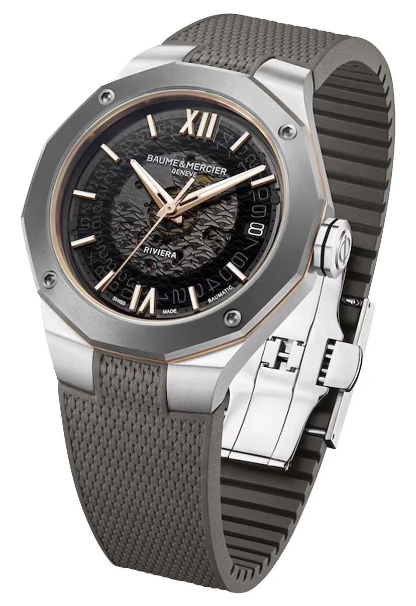 Baume & Mercier Riviera Automatic Stainless Steel & Titanium Gray Dial Gray Rubber Strap Date Unisex Watch M0A10720